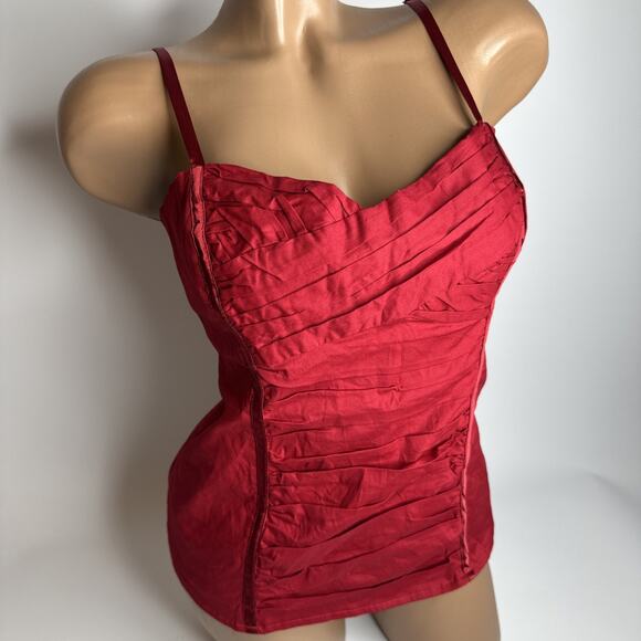 Y2K 2b Bebe Red Ruched Corset Cami Top M Smocked Back Rockabilly Pinup Bombshell - Picture 1 of 11